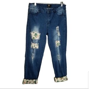 L&B Lucky & Blessed Jeans Womens 12 Cactus Patches Distressed Blue Stretch Denim